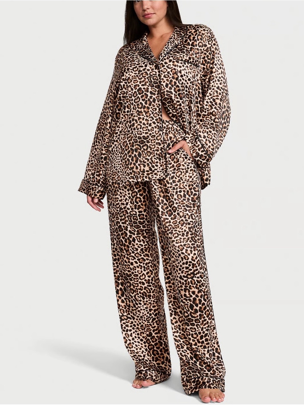 Victorias Secret Pajama Set Satin Leopard Small Long Sleeve Vintage Tan Pants